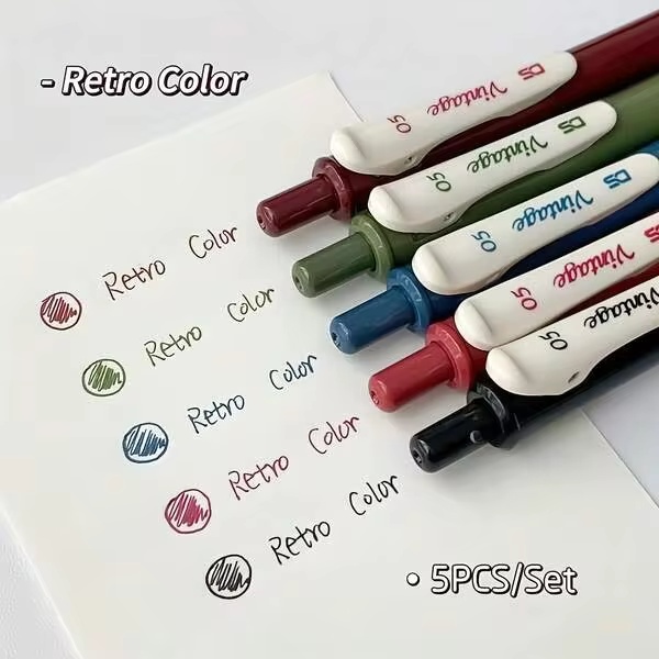 ชุด 5 ด้าม ปากกาเจลสีสันวินเทจ 0.5 มม. สีคลาสสิก ปากกาเขียน วาดภาพ ทำเครื่องหมาย ดินสอสีแบบกด กลับสู่โรงเรียน