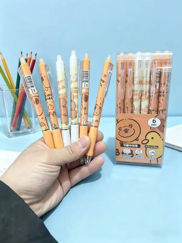 ปากกาเจลลบได้ลายคาปิบาร่าน่ารัก 6 ชิ้น 6 แพ็ค 0.5 มม. แบบคลิก ปากกาความร้อนเสียดสีสำหรับนักเรียน อุปกรณ์โรงเรียน