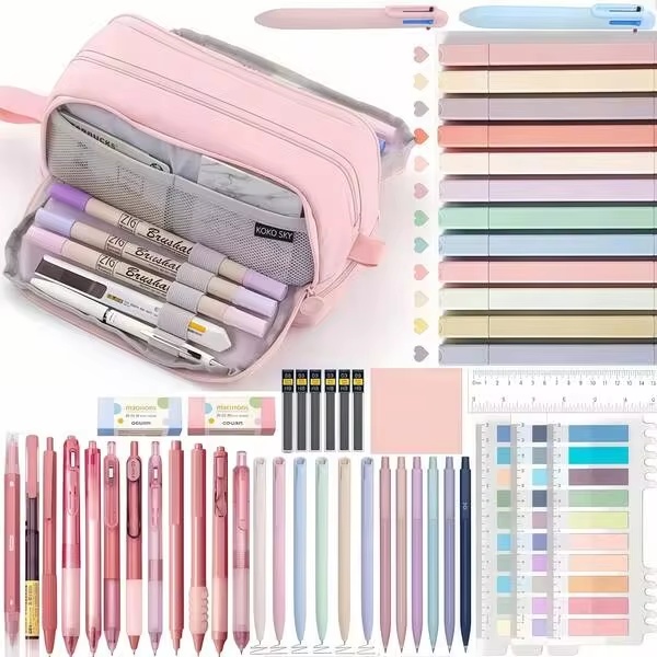 ชุดเครื่องเขียนสไตล์สวยงาม 52 ชิ้น ประกอบด้วยกระเป๋าใส่ดินสอขนาดใหญ่ ปากกาเจลหมึกดำ ดินสอกดปลายเรียว 0.5 มม. ไฮไลท์ โน้ตติด กระเป๋าเก็บเครื่องเขียน เหมาะสำหรับวัยรุ่นหญิง นักเรียนผู้ใหญ่ กลับไปโรงเรียน เก็บของในสำนักงาน