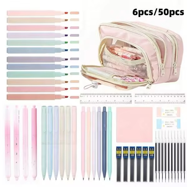 ชุดเครื่องเขียนสีมาการอง 6 ชิ้น/50 ชิ้น อุปกรณ์จำเป็นสำหรับการกลับไปโรงเรียน กระเป๋าดินสอความจุขนาดใหญ่ 1 ชิ้น ปากกาลูกลื่นหมึกดำไล่เฉดสี 0.5 มม. 4 ชิ้น ดินสอกดสีโมรันดิ 0.5 มม. 6 ชิ้น ปากกาเน้นข้อความสีสัน 12 ชิ้น โน้ตติด ยางลบ ไม้บรรทัด อุปกรณ์สำนักงานและโรงเรียนน่ารัก เหมาะสำหรับเด็กชายและเด็กหญิง ของขวัญสำหรับการกลับไปโรงเรียน