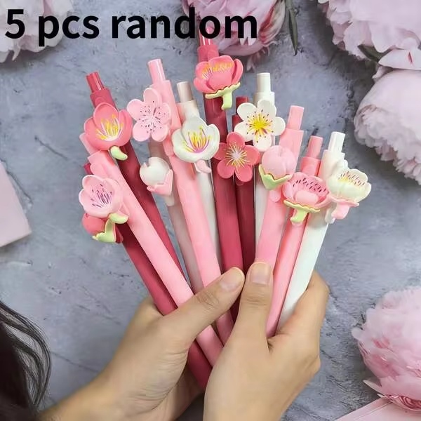 5/10 ชิ้น ปากกาลูกลื่นแบบดึงได้ ลายดอกไม้สีสันสดใส | เหมาะสำหรับโรงเรียน สำนักงาน สมุดบันทึก และของขวัญ วัสดุพลาสติก ปลายขนาดกลาง สไตล์สุ่ม