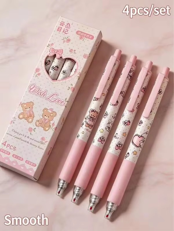 4 ชิ้น ปากกาลูกลื่นแบบกดน่ารัก, ปากกาหมีเล็ก 0.5 มม. แห้งเร็ว, ปากกาเจลเรียบง่ายมีสไตล์, เขียนลื่น; เหมาะสำหรับจดบันทึกและวาดรูป; ดีที่สุดสำหรับการเขียนและใช้ในสำนักงาน; ของรางวัลในห้องเรียน, ของขวัญวันหยุด, อุปกรณ์การเรียน/สำนักงาน
