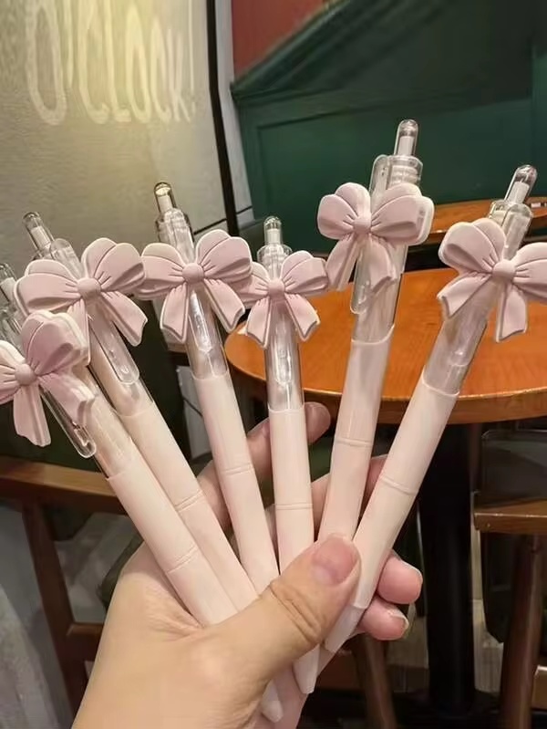 6 ชิ้น ปากกาลูกลื่นโบว์, ปากกากดตกแต่งโบว์สีชมพูน่ารัก, ของชำร่วยและของขวัญสำหรับงานปาร์ตี้