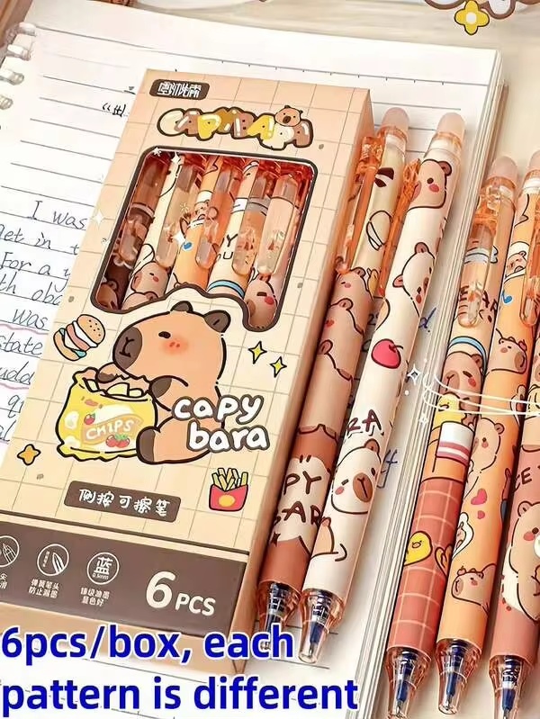 1/3/6 ชิ้น ปากกาเจลลบได้ลายการ์ตูนคาปิบาร่าที่น่ารักและประณีต ลายสุ่ม กล่องของขวัญปากกาสำหรับสำนักงานและการศึกษา ของรางวัลเล็กๆ สำหรับนักเรียน ปากกาเจลที่ลบได้ง่ายและน่ารัก ปากกาลูกลื่น อุปกรณ์เซ็นชื่อในสำนักงาน ของขวัญสำหรับครอบครัว เพื่อน เพื่อนร่วมงาน เครื่องเขียน อุปกรณ์โรงเรียน เครื่องเขียนคาปิบาร่าน่ารัก ของขวัญคริสต์มาส กลับไปโรงเรียน