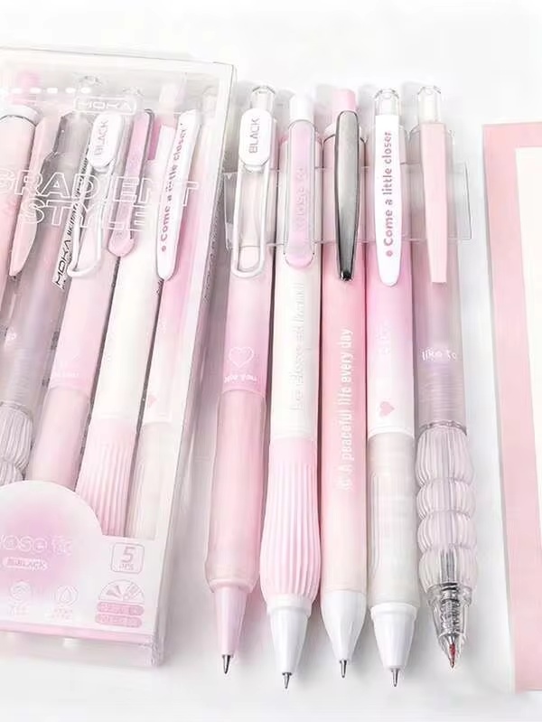 5ชิ้น/ชุด ปากกาลูกลื่นสีชมพูที่น่าดึงดูด, ปากกาหมึกดำ 0.5 มม., เหมาะสำหรับนักเรียนและพนักงานออฟฟิศ, กลับไปโรงเรียน